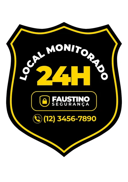 Um adesivo de segurança em formato de escudo nas cores preto e amarelo vibrante, com a frase "LOCAL MONITORADO 24H" em destaque. Inclui o logotipo "FAUSTINO SEGURANÇA" com um ícone de cadeado e um número de telefone. O design é moderno e chamativo, ideal para sinalizar vigilância e proteção em estabelecimentos comerciais ou residenciais.