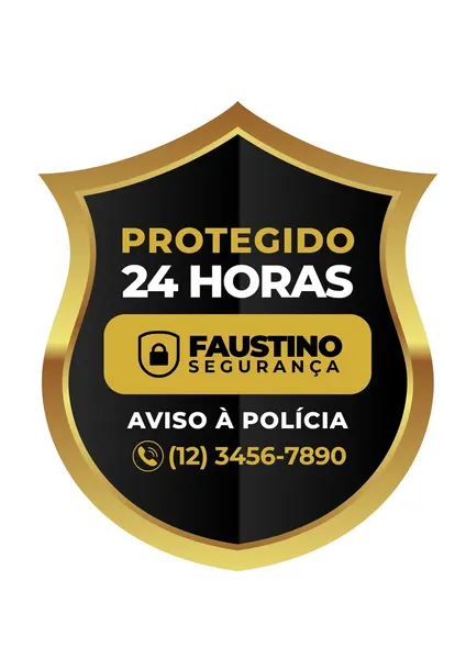 Adesivo em formato de escudo com borda dourada e fundo preto. O texto "Protegido 24 Horas" em destaque, seguido pelo nome da empresa "Faustino Segurança" e "Aviso à Polícia" com número de telefone. Design moderno e profissional.