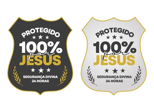 Duas insígnias ou escudos de proteção com design moderno, um em preto e dourado, outro em branco e dourado. Ambos exibem a frase "PROTEGIDO 100% por JESUS" em destaque e "SEGURANÇA DIVINA 24 HORAS", com estrelas e ramos de louro. O estilo é religioso e inspirador, transmitindo fé e proteção divina para posts em redes sociais.