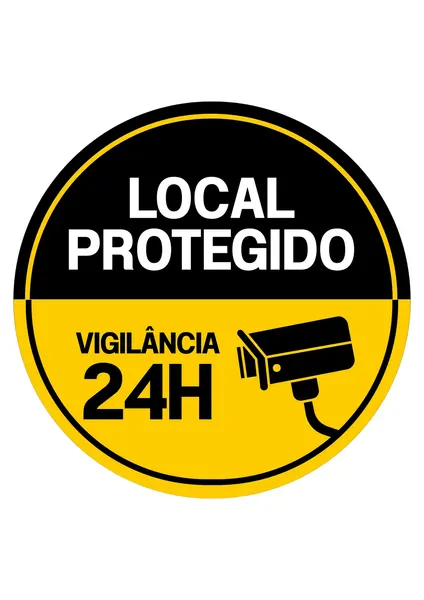 Adesivo redondo preto e amarelo com a mensagem 'LOCAL PROTEGIDO VIGILÂNCIA 24H' e um ícone de câmera de segurança. Sinaliza segurança e monitoramento contínuo para empresas.