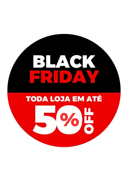 Um adesivo redondo de Black Friday com design moderno nas cores preto, vermelho e branco. A parte superior preta exibe "BLACK FRIDAY" em letras brancas e vermelhas. A parte inferior vermelha destaca "TODA LOJA EM ATÉ 50% OFF" em branco, com o "50% OFF" em tamanho maior, ideal para vitrines ou posts de redes sociais.