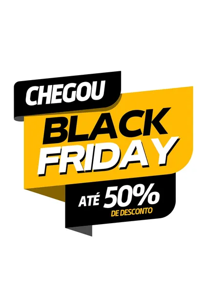 Template de Black Friday com a frase 'CHEGOU BLACK FRIDAY' em destaque, com um grande desconto de 'ATÉ 50% DE DESCONTO' em cores preto, amarelo e branco. Design moderno e impactante para promoções.