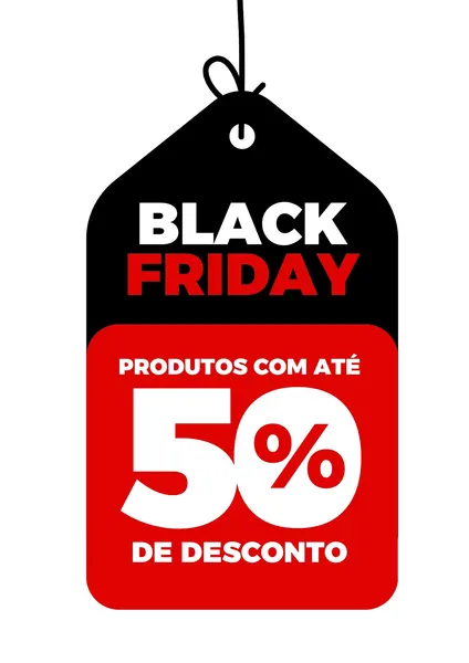 Etiqueta de promoção Black Friday com design moderno em preto e vermelho. A parte superior preta exibe 'BLACK FRIDAY' em branco e vermelho. A parte inferior vermelha destaca 'PRODUTOS COM ATÉ 50% DE DESCONTO' em branco, com o '50%' em grande. Ideal para vitrines, posts em redes sociais e anúncios, comunicando ofertas de forma impactante.