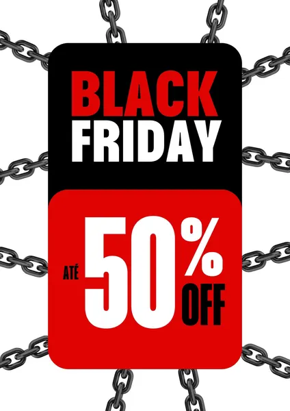 Um adesivo de vitrine moderno para Black Friday com a mensagem 'BLACK FRIDAY 50% OFF' em destaque. O design utiliza as cores preto, vermelho e branco e está cercado por correntes escuras, sugerindo exclusividade e oportunidade.