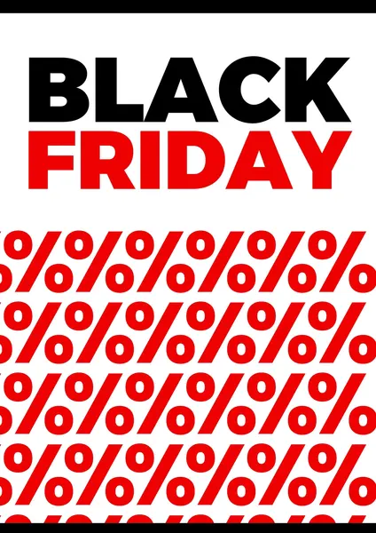 Template vertical para Black Friday com design moderno e impactante. No topo, 'BLACK' em preto e 'FRIDAY' em vermelho vibrante sobre fundo branco. A parte inferior exibe um padrão repetitivo de símbolos de porcentagem (%) em vermelho, criando um forte apelo visual para grandes descontos. Ideal para posts de redes sociais, chamando a atenção para promoções.