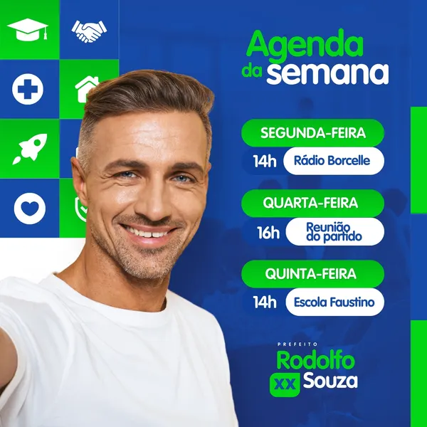 Post para Instagram de um candidato político com a agenda da semana em destaque. O template usa cores azul, branco e verde, com ícones representando educação, parceria, saúde e inovação. O político sorri para a câmera, com o nome e cargo visíveis.
