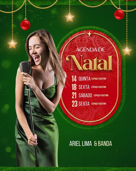 Post de Instagram para agenda de shows de Natal, com cantora sorridente e microfone vintage. Fundo verde escuro festivo, decorado com guirlandas douradas, estrelas e bolas vermelhas. Um destaque vermelho ornamentado exibe as datas e o nome da banda, ideal para divulgar eventos musicais de fim de ano em bares e restaurantes.