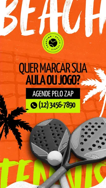 Story de Instagram com fundo laranja vibrante e elementos de Beach Tennis. Destaca raquetes, bola, palmeiras e a frase 'Quer marcar sua aula ou jogo? Agende pelo Zap' com um número de telefone. Ideal para academias e clubes de Beach Tennis.