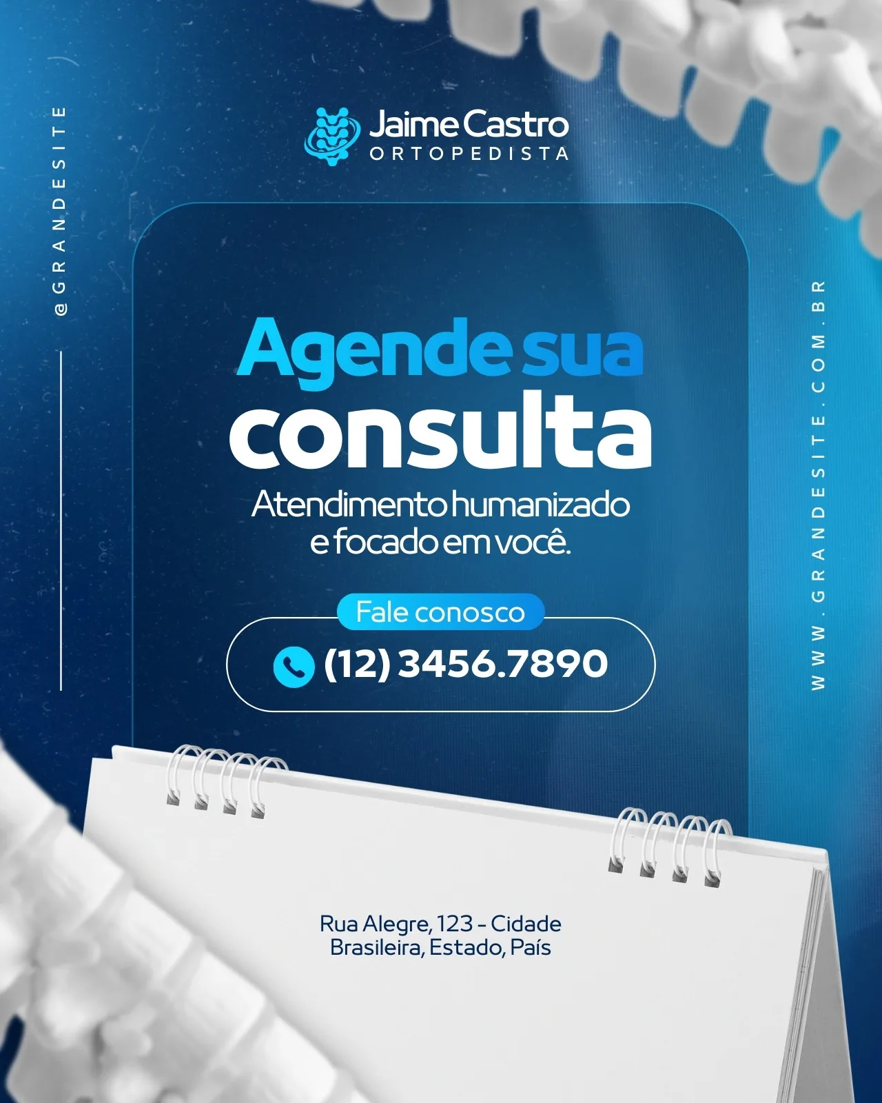 Post para Instagram de um ortopedista com fundo azul escuro e elementos brancos. O texto principal é 'Agende sua consulta' com um botão 'Fale conosco' e número de telefone. Abaixo, o endereço do consultório. O design é clean e profissional, transmitindo confiança.