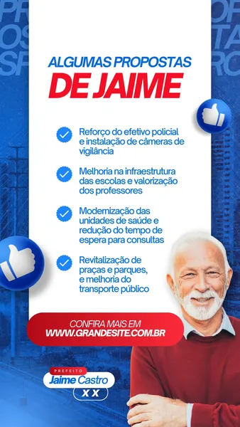 Template de Instagram Story em tons de azul, branco e vermelho, apresentando as propostas de um candidato político. Inclui foto do candidato, ícones de check e texto sobre segurança, educação, saúde e transporte.