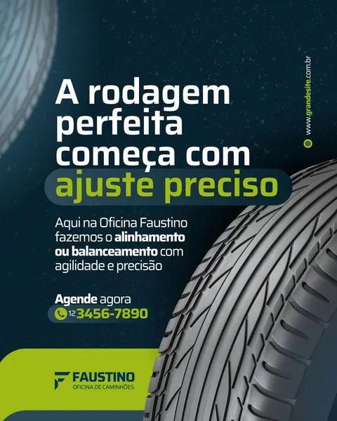 Post para Instagram de oficina mecânica de caminhões com fundo azul escuro e detalhes em verde e branco. Destaca a frase 'A rodagem perfeita começa com ajuste preciso' e oferece serviços de alinhamento e balanceamento, com um botão de 'Agende agora' e telefone.