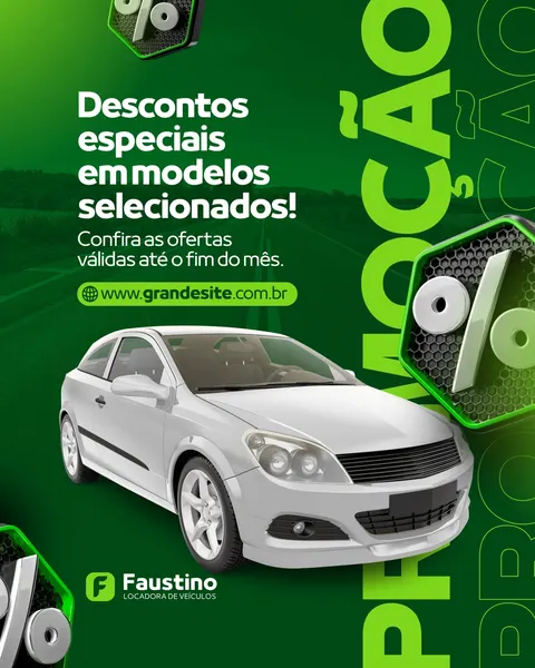 Post de Instagram ou Facebook com fundo verde vibrante e um carro branco em destaque, promovendo 'Descontos especiais em modelos selecionados' para aluguel de veículos. O design inclui ícones de porcentagem 3D e o texto 'PROMOÇÃO' em verde claro na lateral, com um campo para website. Ideal para locadoras de carros divulgarem ofertas.