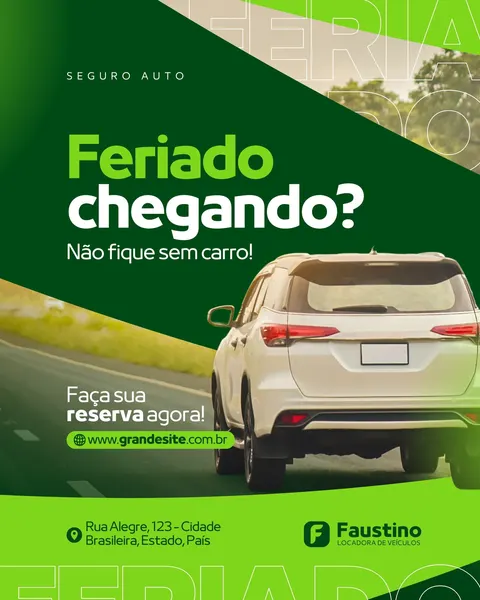 Post para Instagram de locadora de veículos, com fundo verde escuro e claro, apresentando um SUV branco em uma estrada. O texto "Feriado chegando? Não fique sem carro! Faça sua reserva agora!" em branco e verde vibrante, com espaço para site e endereço. Ideal para promover aluguel de carros e seguro auto para viagens.