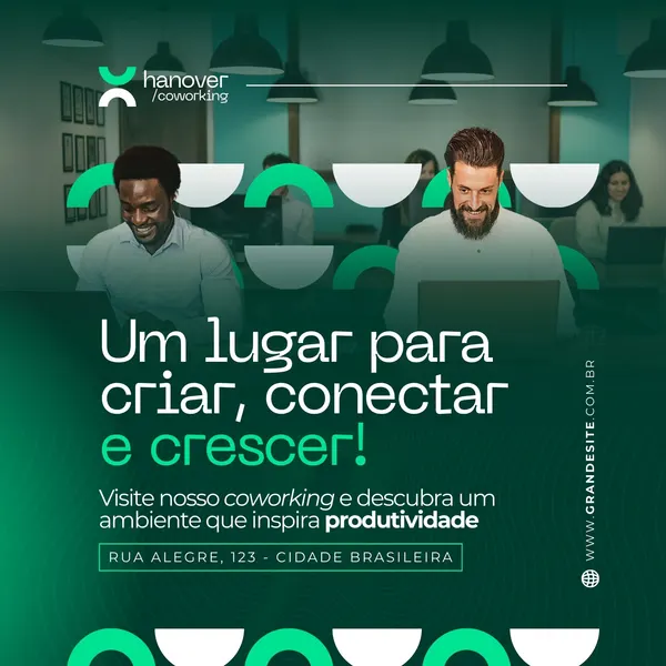Post para Instagram com fundo degradê verde e branco, apresentando um espaço de coworking moderno. Duas pessoas sorriem enquanto trabalham em laptops. O texto principal diz 'Um lugar para criar, conectar e crescer!', convidando a visitar o coworking e descobrir um ambiente que inspira produtividade.