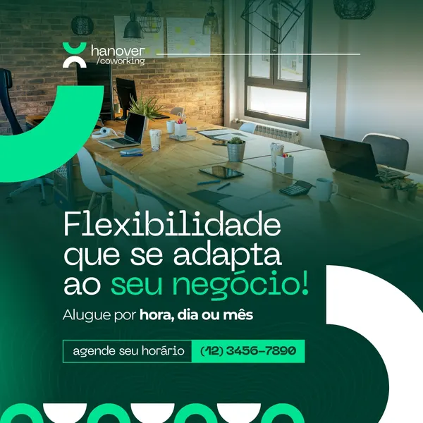 Post para Instagram de coworking com fundo de escritório moderno e mesa de reunião. Texto principal 'Flexibilidade que se adapta ao seu negócio!'. Opções de aluguel por hora, dia ou mês, com botão 'agende seu horário' e telefone.