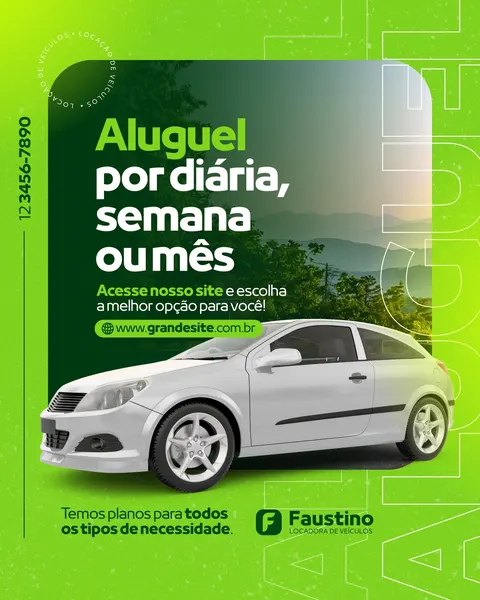 Post de Instagram moderno com fundo gradiente verde vibrante e detalhes brancos. Exibe um carro hatch branco em destaque, com texto em verde escuro e branco: 'Aluguel por diária, semana ou mês'. Inclui chamada para ação 'Acesse nosso site' e logo de locadora de veículos. Ideal para marketing digital de empresas de aluguel de carros.