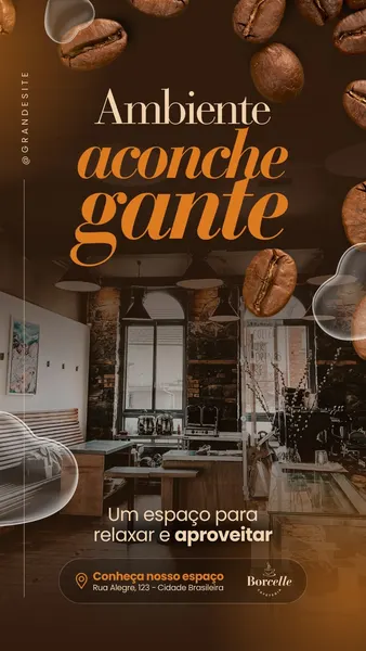 Template de Instagram Story para cafeteria com fundo marrom e detalhes em laranja. Destaca a frase 'Ambiente aconchegante' e 'Um espaço para relaxar e aproveitar', com imagens de grãos de café e o interior da cafeteria. Inclui um mapa de localização e o logo da cafeteria.