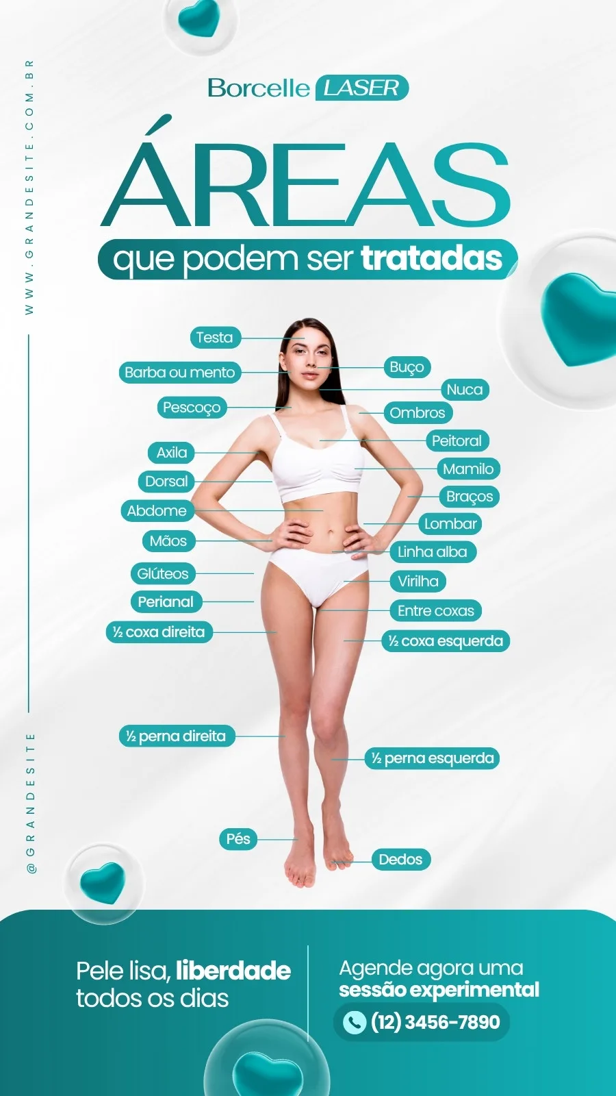 Template de Instagram Story com fundo branco e detalhes em azul turquesa, mostrando uma mulher em roupa íntima com setas indicando áreas tratáveis a laser como rosto, axila, pernas e glúteos. Inclui o logo 'Borchelle LASER' e um call to action para agendamento.