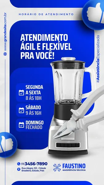 Story de Instagram em tons de azul vibrante e branco para assistência técnica de eletrodomésticos. Apresenta um liquidificador e um alicate, simbolizando serviços de reparo. O design moderno destaca o título 'Atendimento Ágil e Flexível' e os horários de funcionamento detalhados, com ícones de checkmark e botões de 'curtir' em 3D, transmitindo confiança e profissionalismo.