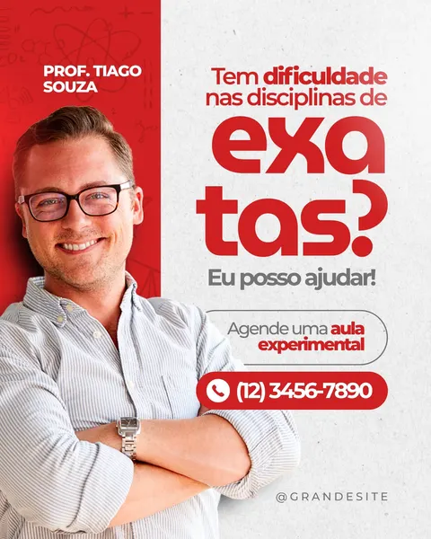 Post para Instagram com fundo vermelho e branco, apresentando um professor sorridente com óculos. O texto principal "Tem dificuldade nas disciplinas de exatas? Eu posso ajudar! Agende uma aula experimental" e um número de telefone destacam o serviço de reforço escolar.
