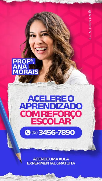 Template de Instagram Story com fundo rosa e azul vibrantes. Uma professora sorridente é destacada, com texto promovendo 'Reforço Escolar' e oferecendo uma 'Aula Experimental Gratuita'. Inclui um número de telefone para contato.