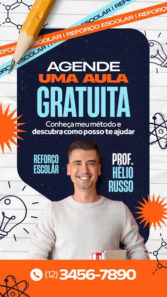 Story para Instagram com fundo branco e elementos de ciência, mostrando um professor sorridente e o texto 'Agende uma Aula Gratuita' e 'Reforço Escolar'. Ideal para divulgar aulas gratuitas.