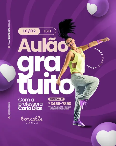 Post para Instagram em tons vibrantes de roxo e lilás, com uma mulher sorridente e enérgica dançando zumba no centro. O design moderno apresenta tipografia grande para 'Aulão gratuito', detalhes de data, hora e contato, além de esferas roxas com corações brancos. Ideal para divulgar eventos de escolas de dança, academias ou aulas de fitness.