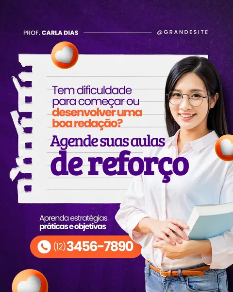 Post para Instagram com fundo roxo, apresentando uma professora sorridente segurando um livro. Um bloco de notas com texto em destaque sobre aulas de reforço e redação, com um número de telefone para contato. Cores vibrantes em roxo, branco e laranja.