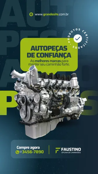 Template de Story para Instagram com fundo azul escuro e detalhes em verde. Apresenta um motor de caminhão em destaque, com o texto "Autopeças de Confiança" e "As melhores marcas para manter seu caminhão forte". Inclui informações de contato e logo da oficina.