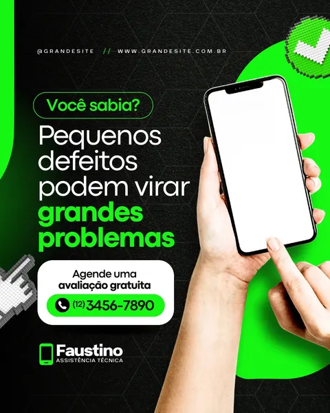 Post para redes sociais de assistência técnica de celular, com fundo preto e detalhes em verde neon. Uma mão segura um smartphone com tela em branco, destacando a oferta de 'Agende uma avaliação gratuita' e o número de telefone.