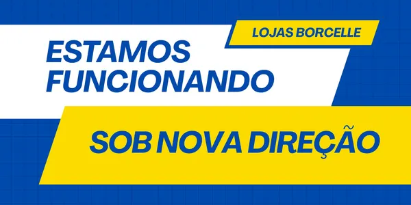 Banner horizontal em tons de azul, amarelo e branco, com design moderno e geométrico. O texto principal em azul vibrante sobre fundo branco e amarelo anuncia 'ESTAMOS FUNCIONANDO SOB NOVA DIREÇÃO', com 'LOJAS BORCELLE' em destaque menor. Ideal para avisos de mudança de gestão em lojas e comércios.