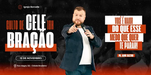 Banner horizontal para divulgação de culto religioso com o título 'Culto de Celebração' em letras grandes e modernas. Um pastor aponta para a câmera enquanto uma mensagem inspiradora é exibida. O design usa cores preto e vermelho, com detalhes gráficos e informações sobre data e local.