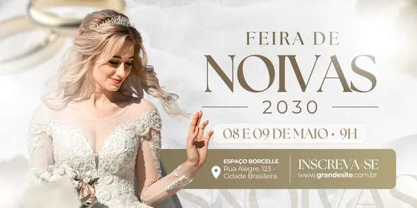 Banner horizontal para Feira de Noivas, com uma noiva sorridente em vestido branco detalhado. O texto "Feira de Noivas 2030" em dourado, com data, local e call to action "Inscreva-se".