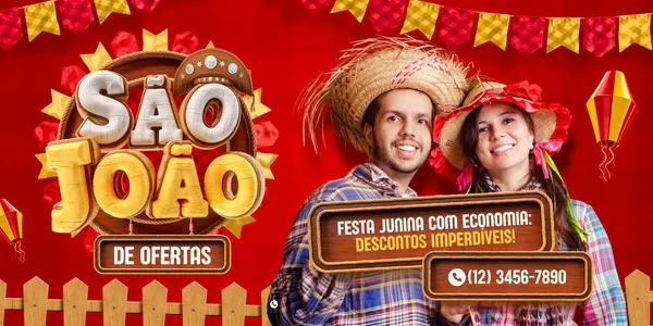 Banner horizontal vermelho com tema de São João para supermercado. Apresenta um casal sorridente com chapéus de palha, balões coloridos, bandeirinhas e a frase 'Festa Junina com Economia: Descontos Imperdíveis!'. O logo 'São João de Ofertas' e um número de telefone estão em destaque.