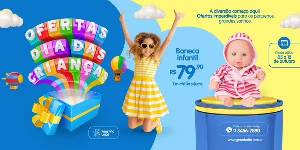 Banner horizontal com tema colorido e divertido para o Dia das Crianças. Apresenta uma menina pulando de alegria, uma caixa de presente aberta com arco-íris saindo, e uma boneca infantil em destaque com informações de oferta e data válida.