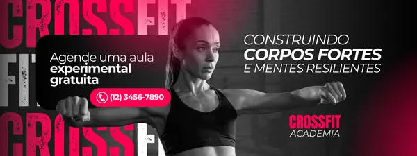 Banner horizontal para academia de Crossfit com fundo preto e vermelho. Uma mulher forte em pose de exercício no centro. Texto em destaque: "Agende uma aula experimental gratuita" e "Construindo Corpos Fortes e Mentes Resilientes". Inclui telefone para contato e logo da academia.