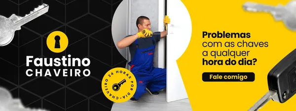 Banner horizontal com fundo preto e amarelo vibrante, apresentando o logo 'Faustino Chaveiro 24 Horas'. Um chaveiro profissional instala uma fechadura, enquanto chaves estilizadas aparecem nas bordas. O texto convida: 'Problemas com as chaves a qualquer hora do dia? Fale comigo'.