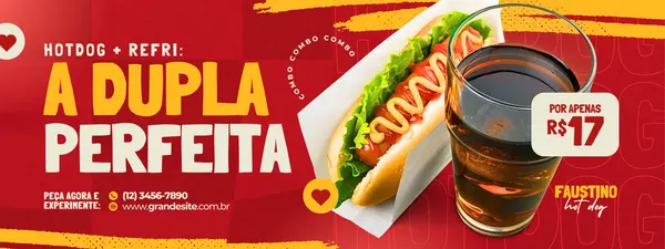 Banner horizontal vermelho e amarelo com a frase 'Hot Dog + Refri: A Dupla Perfeita' em destaque. Um hot dog apetitoso e um copo de refrigerante são exibidos, com o preço R$17 em um selo.