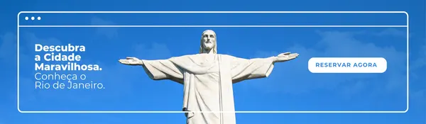 Banner horizontal com o Cristo Redentor ao fundo e céu azul. Texto 'Descubra a Cidade Maravilhosa. Conheça o Rio de Janeiro.' e um botão 'RESERVAR AGORA' em destaque. Design moderno para promoção de turismo.