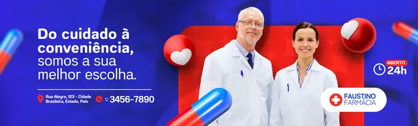 Banner horizontal para farmácia com fundo azul e vermelho, apresentando dois farmacêuticos sorrindo. Elementos como cápsulas de remédio e um coração aparecem. O texto destaca 'Do cuidado à conveniência, somos a sua melhor escolha' e informações de contato, com um selo 'Aberto 24h'.