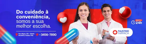 Banner horizontal azul, vermelho e branco para farmácia, com dois farmacêuticos sorrindo. Um segura um tubo de creme e uma cápsula gigante, o outro anota em um bloco. Destaca 'Aberto 24h' e o logo da farmácia.
