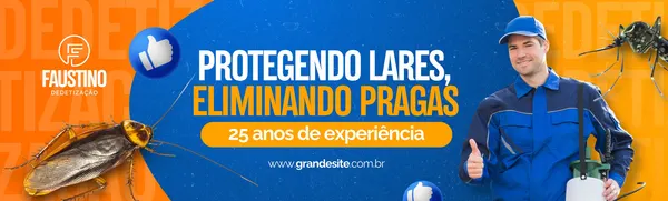 Banner horizontal azul e laranja para empresa de dedetização, com um profissional sorrindo e fazendo sinal de positivo, ao lado de uma barata e um mosquito. O texto principal é 'Protegendo lares, eliminando pragas' e menciona '25 anos de experiência'.