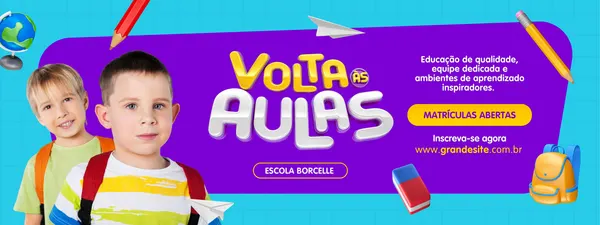 Banner horizontal vibrante com tema de volta às aulas. Duas crianças sorrindo com mochilas, elementos escolares como lápis, globo e avião de papel. Texto principal "Volta às Aulas" e "Matrículas Abertas".