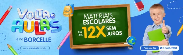 Banner horizontal azul com o tema volta às aulas. Apresenta um menino sorridente com um caderno, uma lousa com a oferta 'Materiais Escolares em até 12x sem juros', lápis coloridos e um globo terrestre. Promove uma loja de material escolar.