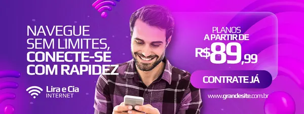 Banner horizontal roxo e branco para provedor de internet. Um homem sorri usando o celular, com texto 'Navegue sem limites, conecte-se com rapidez' e 'Planos a partir de R$89,99'.
