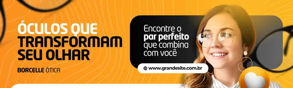 Banner horizontal para ótica com fundo laranja vibrante e detalhes em branco e preto. Texto principal "Óculos que transformam seu olhar" em destaque. Uma mulher sorridente usa óculos modernos, e um botão com "www.grandesite.com.br" convida à visita. Elementos gráficos de óculos complementam o design.