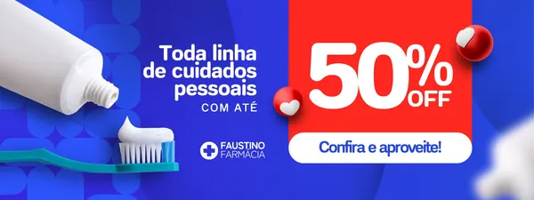 Banner horizontal azul e vermelho com um tubo de pasta de dente e escova de dentes em destaque. Ao lado, um grande texto '50% OFF' e o botão 'Confira e aproveite!', com o logo 'Faustino Farmácia'.