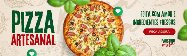 Banner horizontal para pizzaria com a frase 'Pizza Artesanal Feita Com Amor E Ingredientes Frescos'. Uma pizza apetitosa em destaque, com folhas de manjericão e um botão 'Peça Agora'. Cores verde, vermelho e bege.
