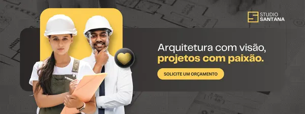 Banner horizontal para estúdio de arquitetura com fundo escuro e detalhes em amarelo. Apresenta um casal de arquitetos sorrindo, um logo 'Studio Santana' e a frase 'Arquitetura com visão, projetos com paixão.' com um botão de orçamento.
