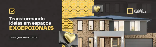 Banner horizontal com fundo preto e detalhes em amarelo, exibindo uma casa moderna com tijolos aparentes e janelas amplas. Ao lado, o texto 'Transformando ideias em espaços EXCEPCIONAIS' e o logo 'STUDIO SANTANA'.